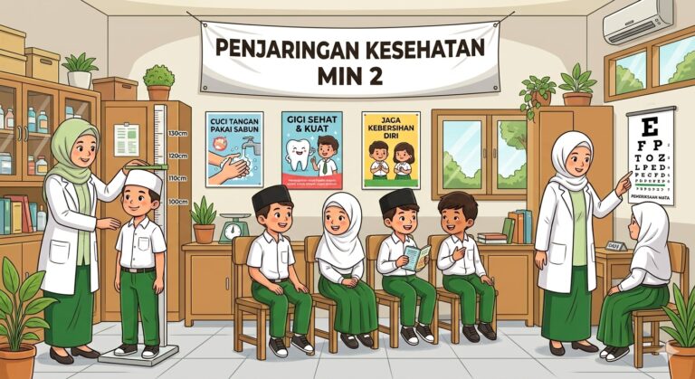 Ilustrasi tenaga kesehatan mengukur tinggi badan murid dan memeriksa penglihatan dalam kegiatan penjaringan kesehatan.