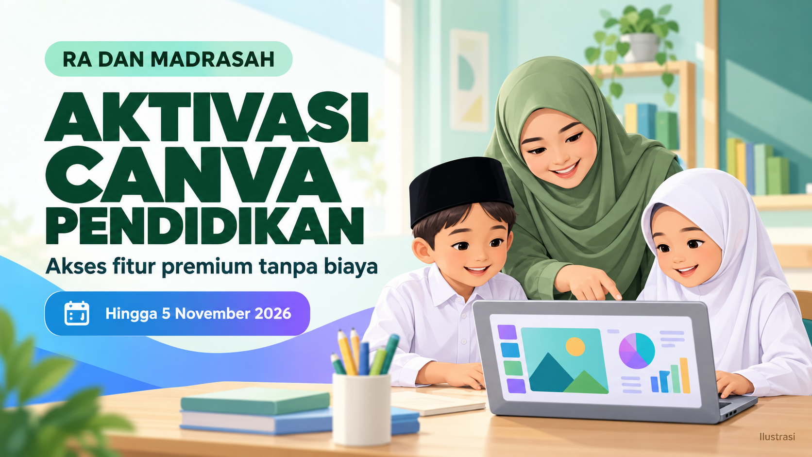Ilustrasi guru dan murid madrasah menggunakan Canva Pendidikan untuk kegiatan pembelajaran