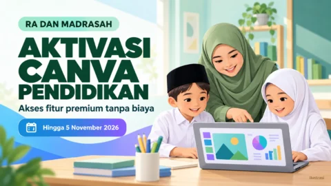 Ilustrasi guru dan murid madrasah menggunakan Canva Pendidikan untuk kegiatan pembelajaran
